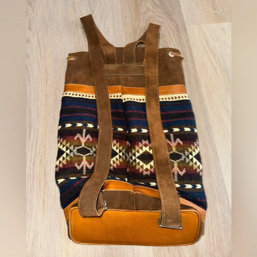 Western Leather Brown & Blue Boho Aztec Drawstring Backpack